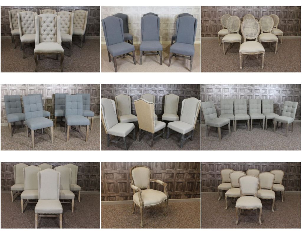 WINGED UPHOLSTERED FRENCH STYLE DINING CHAIRS WITH BUTTON BACK IN STONE